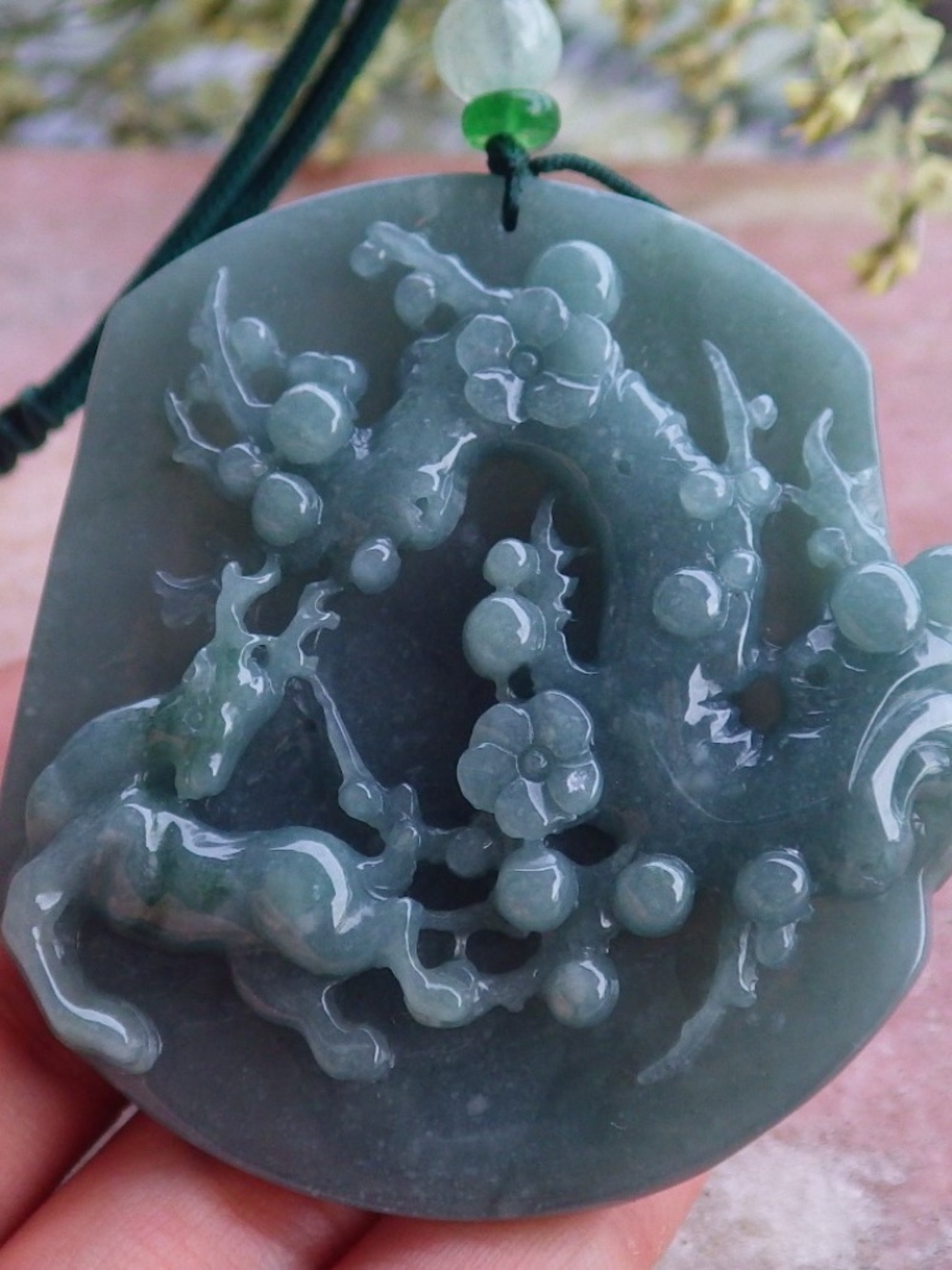 Certified Hand Carved Green Natural A Jade jadeite Deer Flower Pendant Necklace